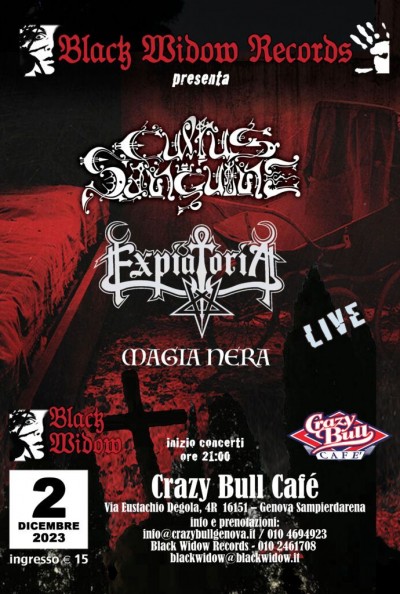Cultus Sanguine, ExpiatoriA, Magia Nera : il 02 dicembre al Crazy Bull di Genova